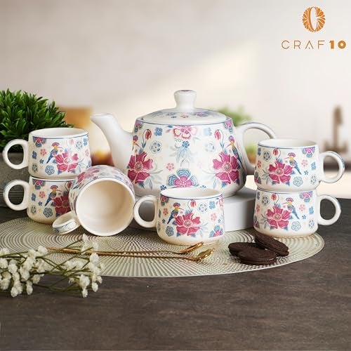 CRAF10 Ceramic Handcrafted Botanic BlissTea Morning Set - 1 Kettle (1 Litre) & 6 Cups (160 ML) | Microwave & Dishwasher Safe | Teapot | Tea Sets with Kettle for Gifting - Image 2