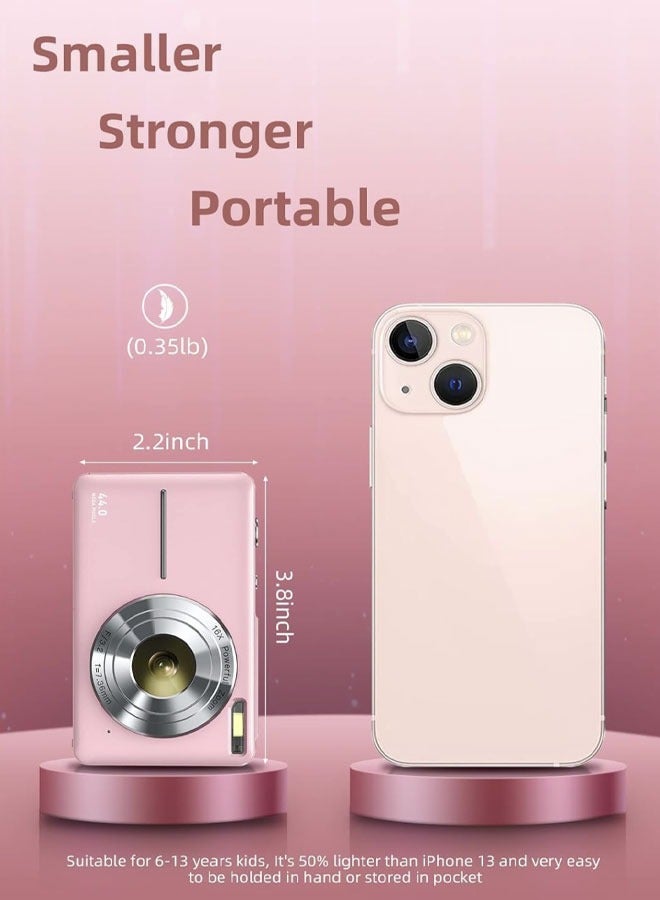Digital Camera  44MP FHD 1080P Video Camera for Kids  Digital Point and Shoot Camera with 32GB SD Card,16X Zoom Anti Shake  Compact Small Camera for Teens/Boys/Girls (Pink) - Image 2
