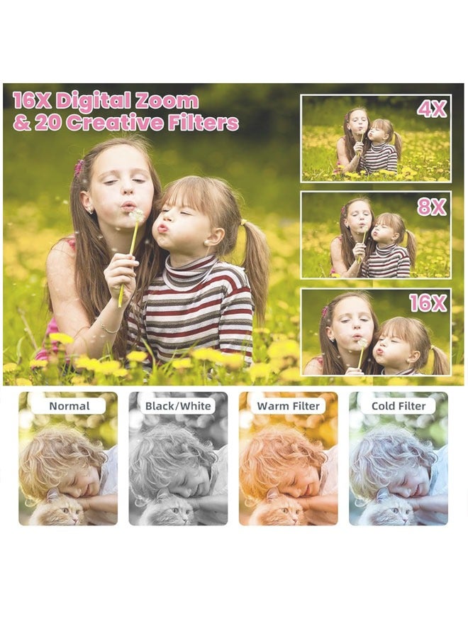 Digital Camera  44MP FHD 1080P Video Camera for Kids  Digital Point and Shoot Camera with 32GB SD Card,16X Zoom Anti Shake  Compact Small Camera for Teens/Boys/Girls (Pink) - Image 4