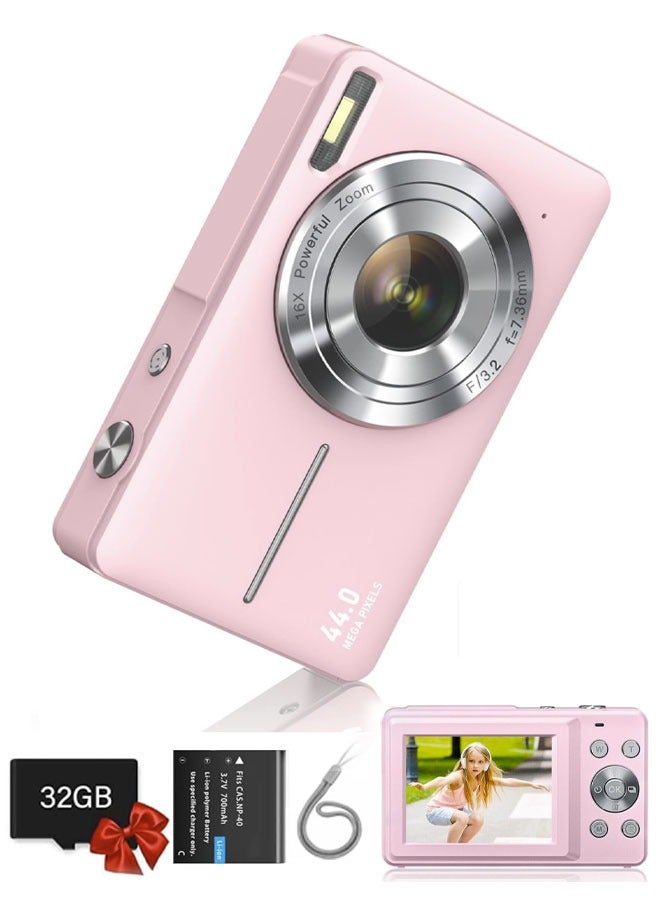 Digital Camera  44MP FHD 1080P Video Camera for Kids  Digital Point and Shoot Camera with 32GB SD Card,16X Zoom Anti Shake  Compact Small Camera for Teens/Boys/Girls (Pink) - Image 1