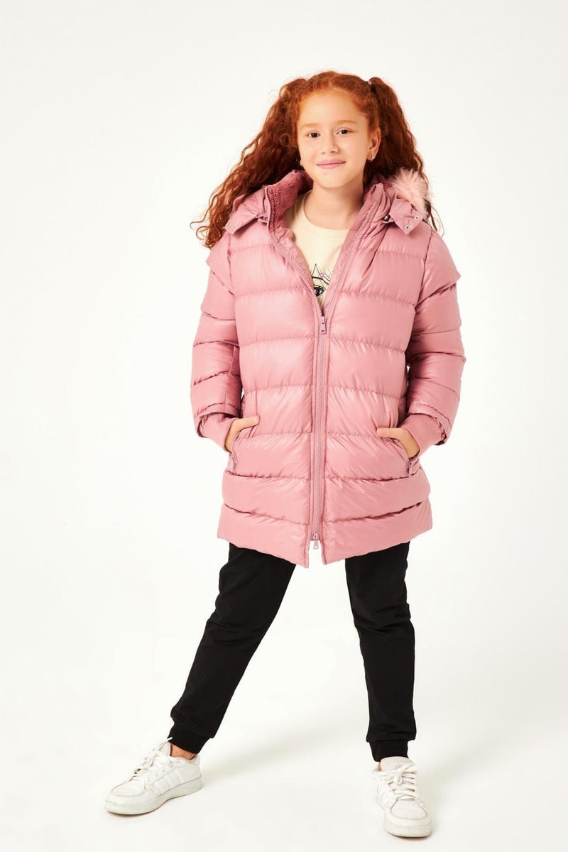 Perendi Fur Hooded Girl's Coat Dusty Rose - Image 1