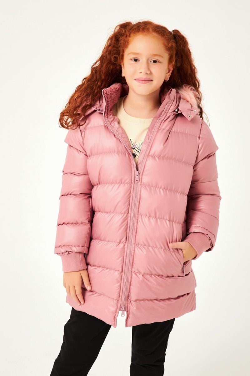 Perendi Fur Hooded Girl's Coat Dusty Rose - Image 2
