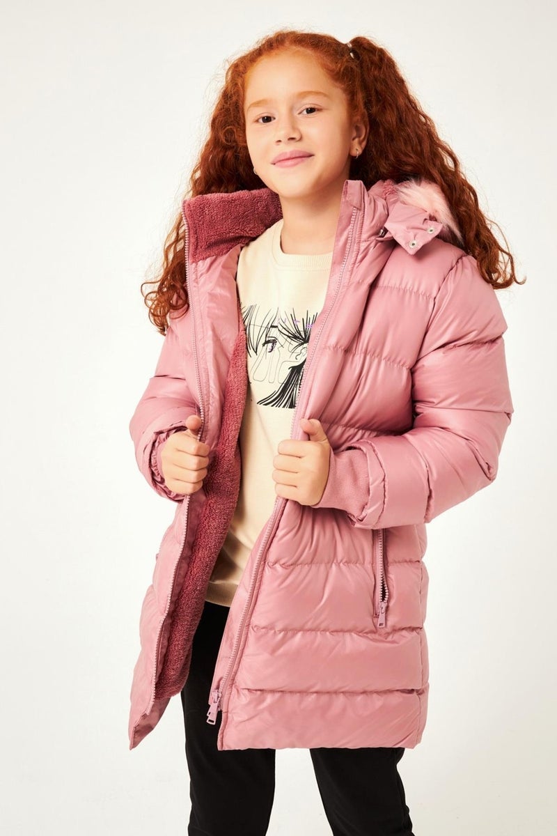 Perendi Fur Hooded Girl's Coat Dusty Rose - Image 4