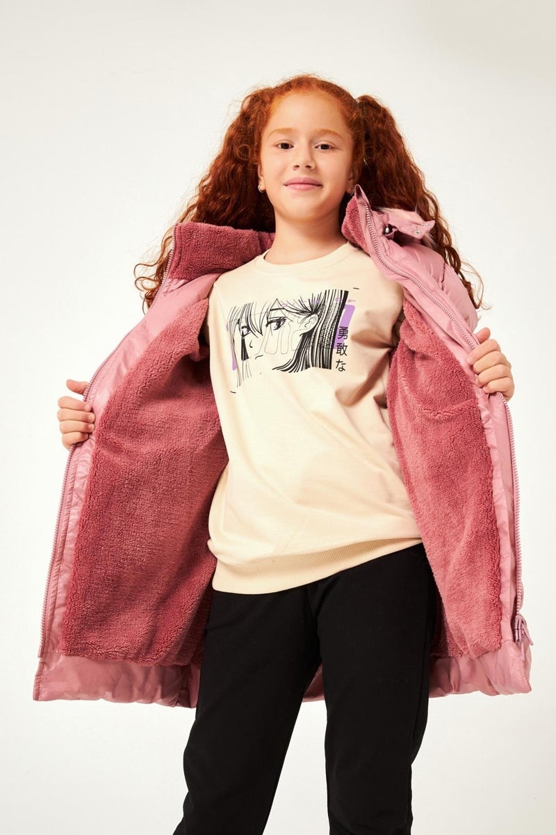 Perendi Fur Hooded Girl's Coat Dusty Rose - Image 5