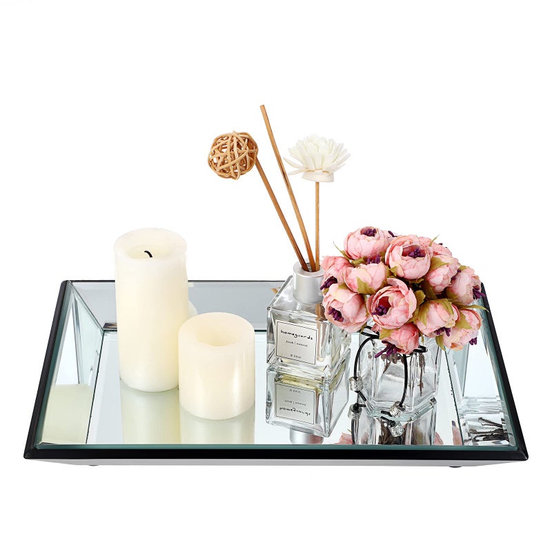 Hipiwe Glass Mirror Makeup Vanity Tray Black Rectangle Perfume Tray Jewelry Trinket Organizer Coffee Table Centrepiece Decorative Dresser Tray Bathroom Storage Tray119x 79 inch