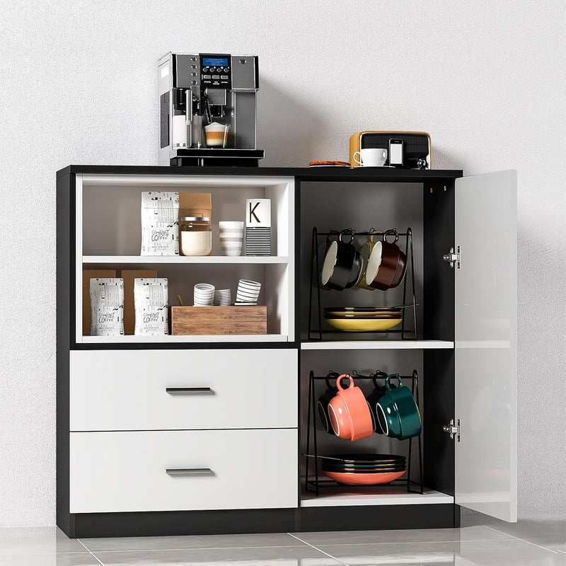 soges soges 394 inches Kitchen Sideboard Buffet Wood Console Table Cupboard Storage Cabinet with 2 Drawer and Shelf Coffee Bar Station Black  White  - Image 1