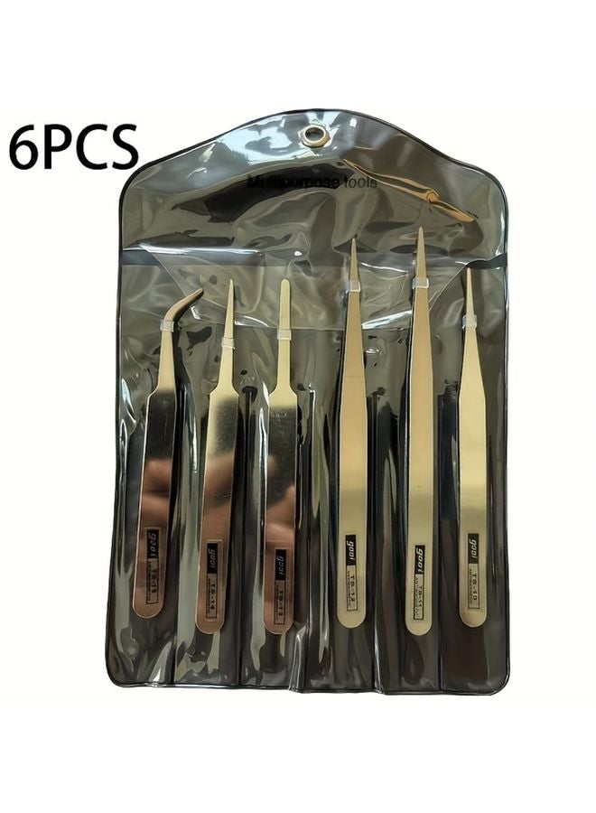 6 قطع من ملاقط الفولاذ المقاوم للصدأ مجموعة مستقيمة ورؤوس مرفقية لإصلاح الهواتف والأعمال اليدوية - Image 1