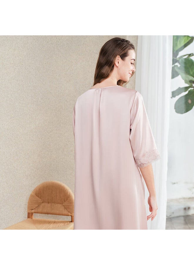 MEIBIAO American Standard Loose Fit 100% Silk Women's Mid Sleeve Homewear Mulberry Silk Nightgown Dress Pink Dusty Rose XL - Image 4