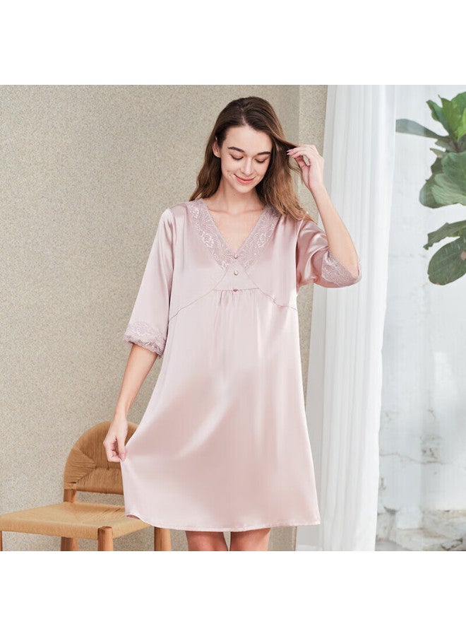 MEIBIAO American Standard Loose Fit 100% Silk Women's Mid Sleeve Homewear Mulberry Silk Nightgown Dress Pink Dusty Rose XL - Image 2