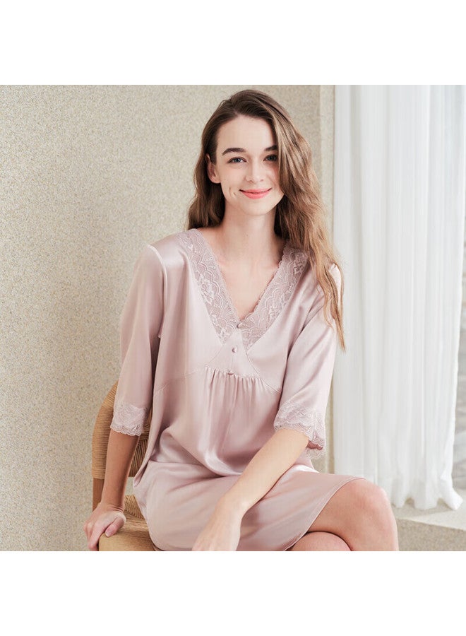 MEIBIAO American Standard Loose Fit 100% Silk Women's Mid Sleeve Homewear Mulberry Silk Nightgown Dress Pink Dusty Rose XL - Image 5
