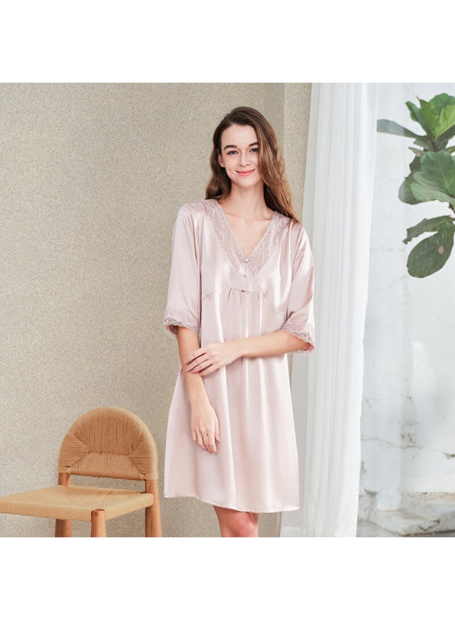 MEIBIAO American Standard Loose Fit 100% Silk Women's Mid Sleeve Homewear Mulberry Silk Nightgown Dress Pink Dusty Rose XL - Image 1