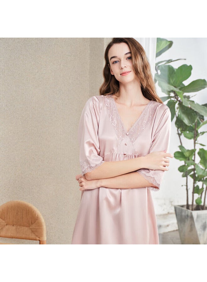 MEIBIAO American Standard Loose Fit 100% Silk Women's Mid Sleeve Homewear Mulberry Silk Nightgown Dress Pink Dusty Rose XL - Image 3