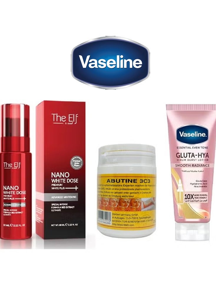 Vaseline Gluta-Hya Serum Burst Lotion Smooth Radiance 200ml- The Elf Nano White Dose Premium White Plus Serum 60ml & Abutine 3C3 Skin Whitening Cream 250gm Set
