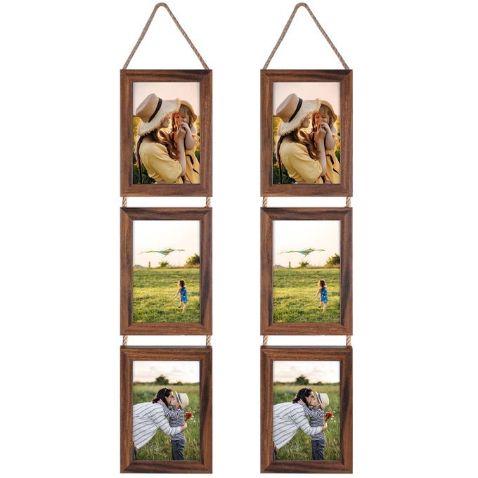 4x6 Collage Triple Picture Frames Set Walnut Brown 6 Opening Hanging Vertical Frame Made to Display 4 by 6 Inch Photo Print for Wall Decor