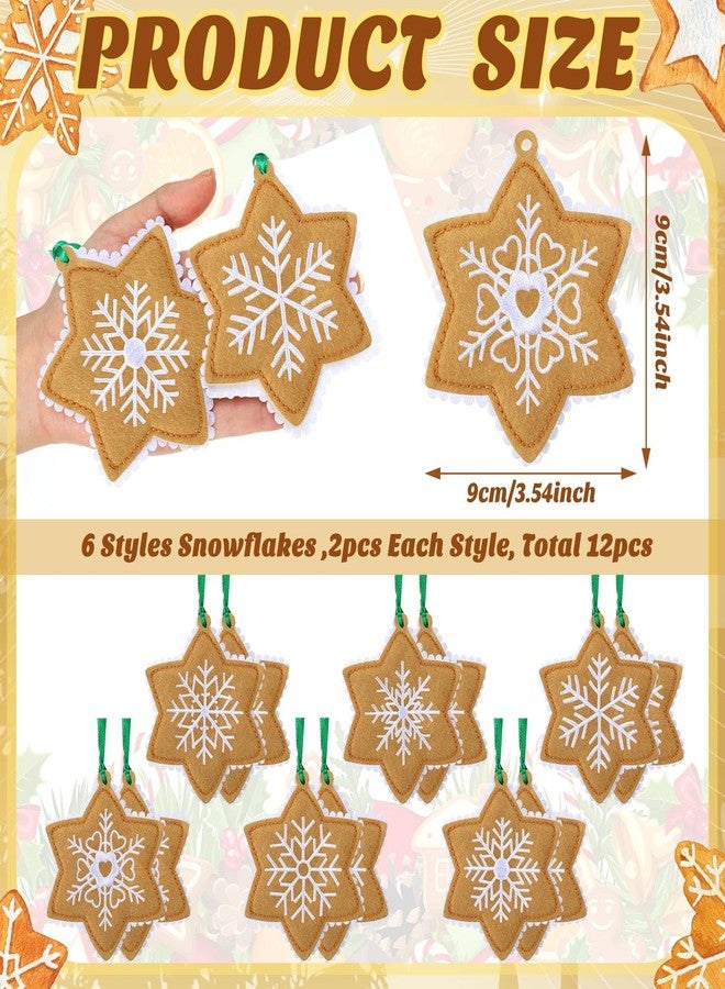 Civaner 12 Pcs Snowflake Christmas Felt Gingerbread Tree Decor Embroidery Ornaments Felt Embroidery Rustic Christmas Hanging Ornaments Pendants for Xmas Tree Home Winter Holiday Decor - Image 2
