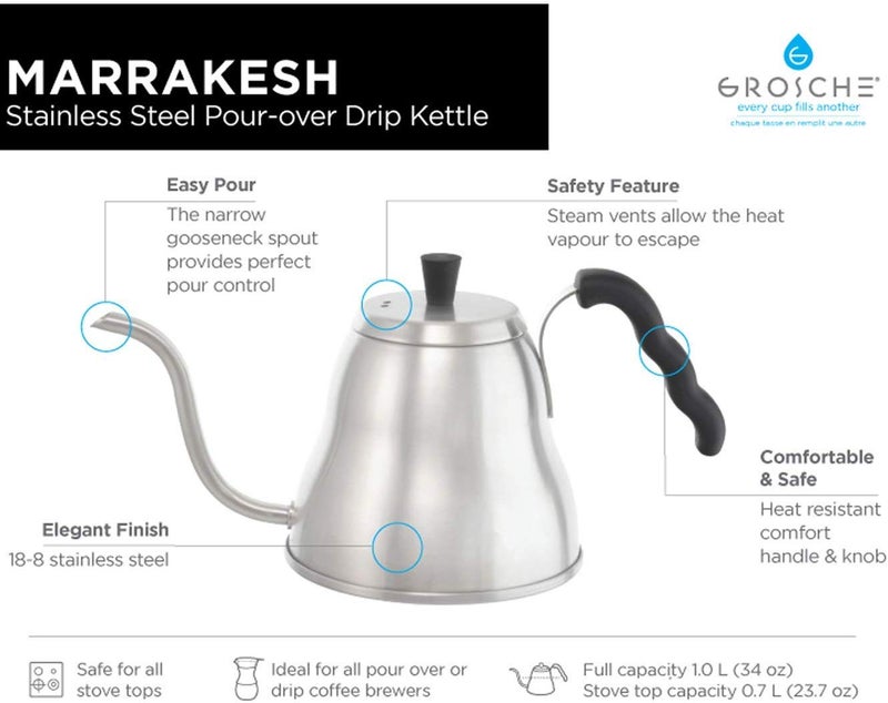 GROSCHE - Marrakesh Gooseneck Kettle Stovetop - 34 oz Stainless Steel Pour Over Coffee & Tea Kettle - Gooseneck Design for Precise Pouring, Integrated Thermometer for Optimal Brewing Temperature - Image 2