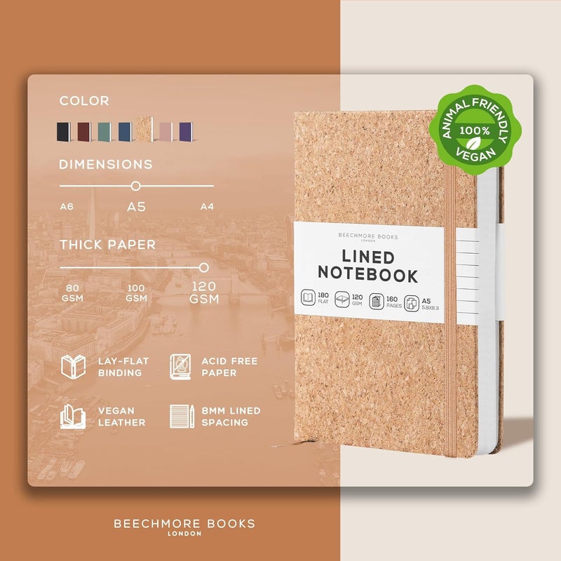 Beechmore Books Lined Journal Notebook, 5.8 x 8.3 inch, A5 160 Lined Pages, Hardcover Leather Journals for Women, Men, Writing and Notebooks for Work - 120 GSM Thick Paper, Gifts Box Included - Image 2