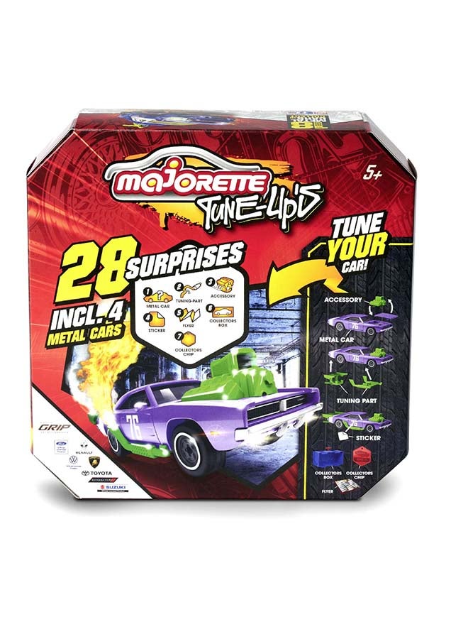 Majorette Tune Up's 4 Pieces Set, 4 Customizable 1:64 Die-Cast Cars with 28 Surprises, Tuning Parts, Stickers, Collector Badges, Opening Parts and Suspension, Ages 5+ - Image 4