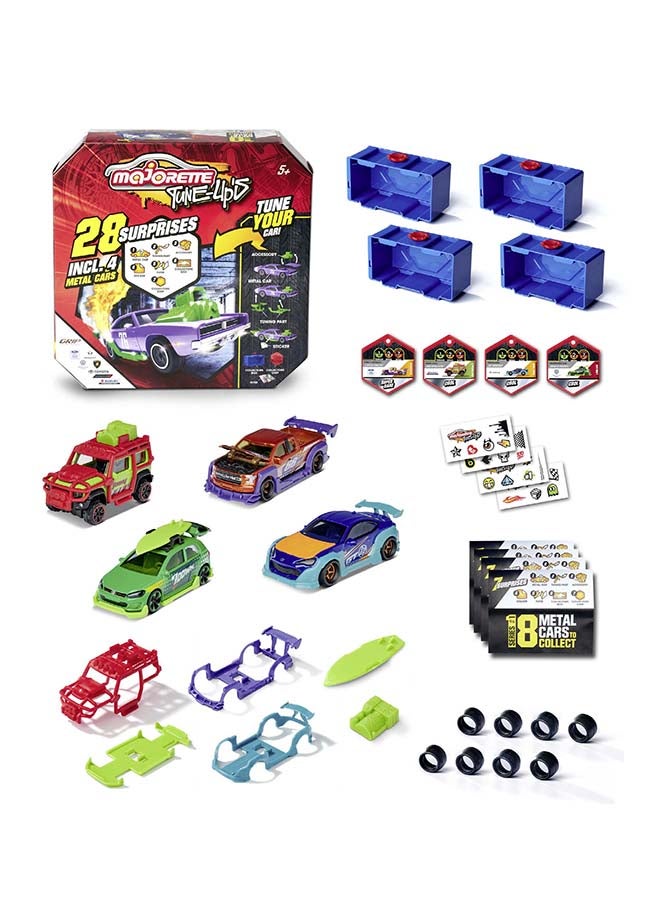 Majorette Tune Up's 4 Pieces Set, 4 Customizable 1:64 Die-Cast Cars with 28 Surprises, Tuning Parts, Stickers, Collector Badges, Opening Parts and Suspension, Ages 5+ - Image 5