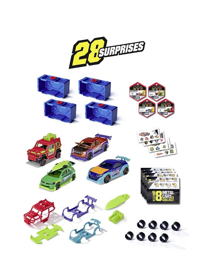 Majorette Tune Up's 4 Pieces Set, 4 Customizable 1:64 Die-Cast Cars with 28 Surprises, Tuning Parts, Stickers, Collector Badges, Opening Parts and Suspension, Ages 5+ - Image 2