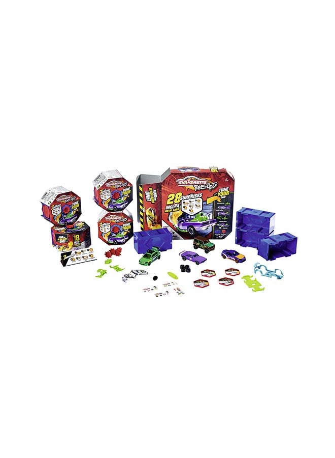 Majorette Tune Up's 4 Pieces Set, 4 Customizable 1:64 Die-Cast Cars with 28 Surprises, Tuning Parts, Stickers, Collector Badges, Opening Parts and Suspension, Ages 5+ - Image 1