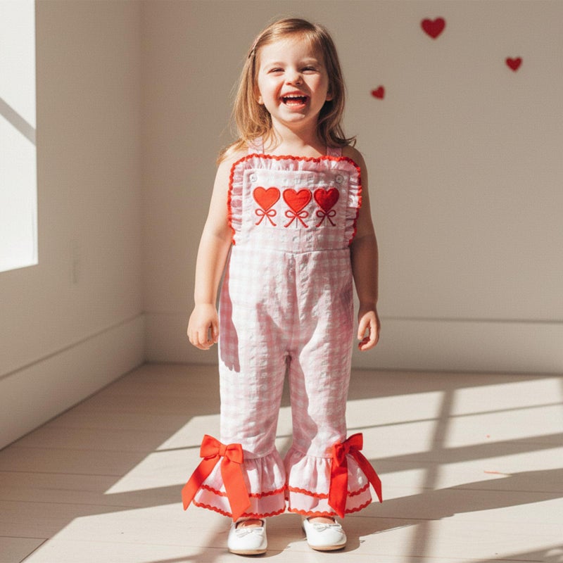 YINGISFITM Toddler Baby Girl Valentiens Outfit Love Heart Romper Long Flared Jumpsuit Valentines Day Overalls 0-7 Years Old (Red- Heart, 3-4T) - Image 2