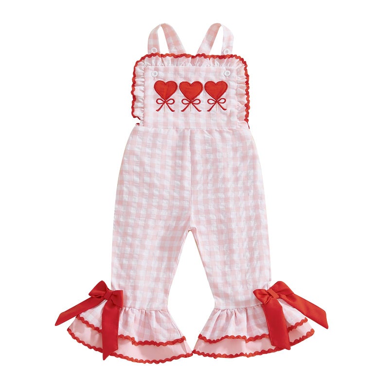YINGISFITM Toddler Baby Girl Valentiens Outfit Love Heart Romper Long Flared Jumpsuit Valentines Day Overalls 0-7 Years Old (Red- Heart, 3-4T) - Image 1