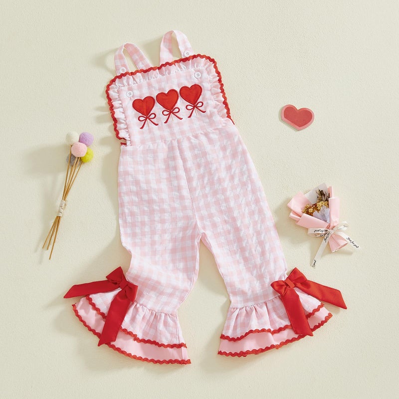 YINGISFITM Toddler Baby Girl Valentiens Outfit Love Heart Romper Long Flared Jumpsuit Valentines Day Overalls 0-7 Years Old (Red- Heart, 3-4T) - Image 4