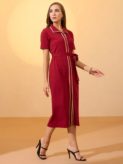 globus Globus Women Maroon Collared Neck Short Sleeves Belted Midi Shirt Style Workwear Dress