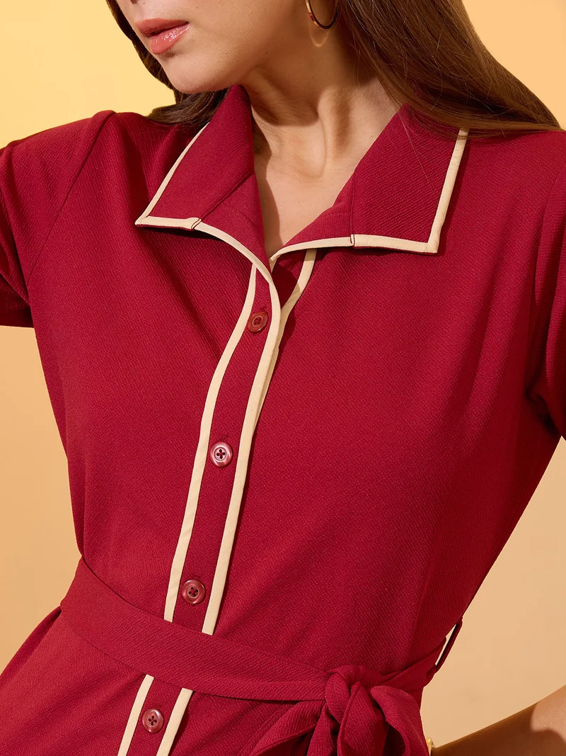 globus Globus Women Maroon Collared Neck Short Sleeves Belted Midi Shirt Style Workwear Dress