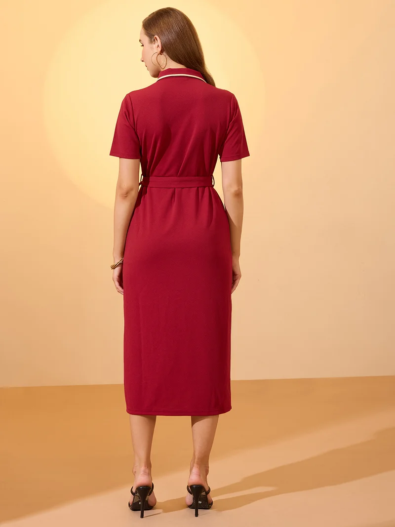 globus Globus Women Maroon Collared Neck Short Sleeves Belted Midi Shirt Style Workwear Dress
