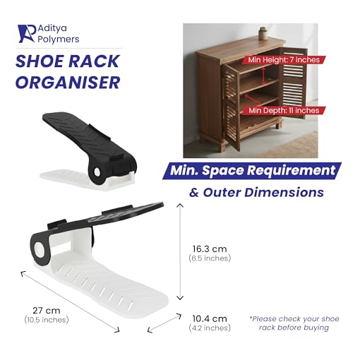 Aditya polymers Pack of 6 pcs. - Adjustable Shoe Organizers/Organiser/Shoe Shelf/Rack/Slots/Holders/Space Saver/Double Deck/Layer/Storage Cum Organizer - Black & White Combo, Plastic, Cm - Image 4