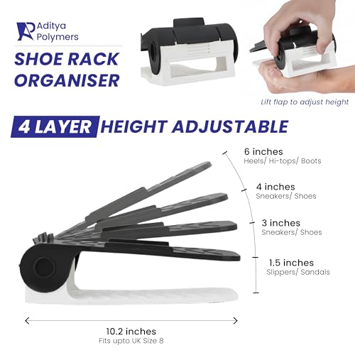 Aditya polymers Pack of 6 pcs. - Adjustable Shoe Organizers/Organiser/Shoe Shelf/Rack/Slots/Holders/Space Saver/Double Deck/Layer/Storage Cum Organizer - Black & White Combo, Plastic, Cm - Image 5