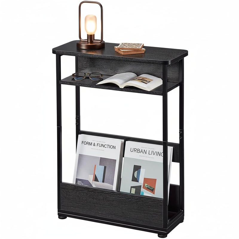 YEAKOO Narrow Side Table,3-Tier Slim End Table with Storage Shelf,Modern Sofa Table Thin Side Table for Narrow and Small Spaces, Skinny Bedside Table Small Nightstand with Magazine Rack Space Saving/Black - Image 1