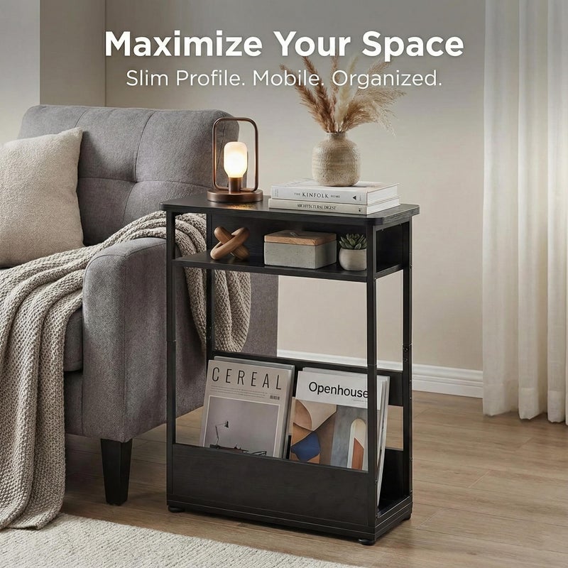 YEAKOO Narrow Side Table,3-Tier Slim End Table with Storage Shelf,Modern Sofa Table Thin Side Table for Narrow and Small Spaces, Skinny Bedside Table Small Nightstand with Magazine Rack Space Saving/Black - Image 2