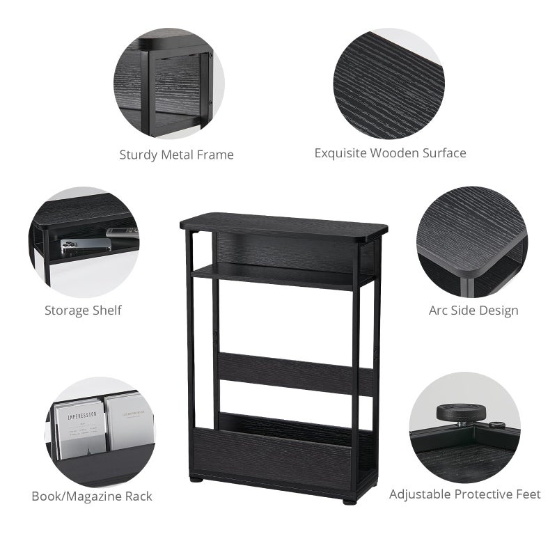 YEAKOO Narrow Side Table,3-Tier Slim End Table with Storage Shelf,Modern Sofa Table Thin Side Table for Narrow and Small Spaces, Skinny Bedside Table Small Nightstand with Magazine Rack Space Saving/Black - Image 3