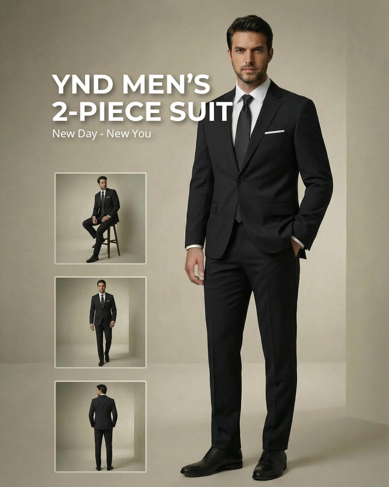 YND Men's 2 Piece Suit with Tie, One Button Slim Fit Solid Jacket and Pants Set, Suits for Men Prom Party Wedding & Business, Black - Image 2