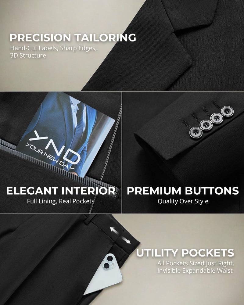 YND Men's 2 Piece Suit with Tie, One Button Slim Fit Solid Jacket and Pants Set, Suits for Men Prom Party Wedding & Business, Black - Image 4
