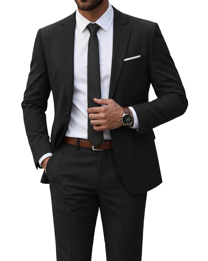 YND Men's 2 Piece Suit with Tie, One Button Slim Fit Solid Jacket and Pants Set, Suits for Men Prom Party Wedding & Business, Black - Image 1