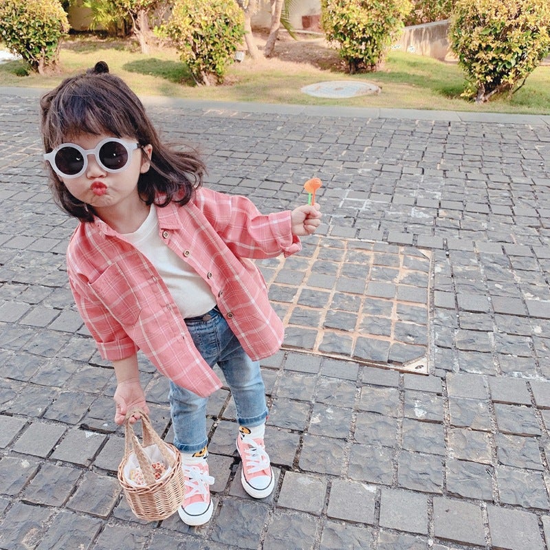 Women'S Children'S Wear Long-Sleeved Shirt Baby'S Western Style Children'S Distinctive Trendy Korean Style Retro Plaid Pure Cotton All-Match Shirt - Image 1