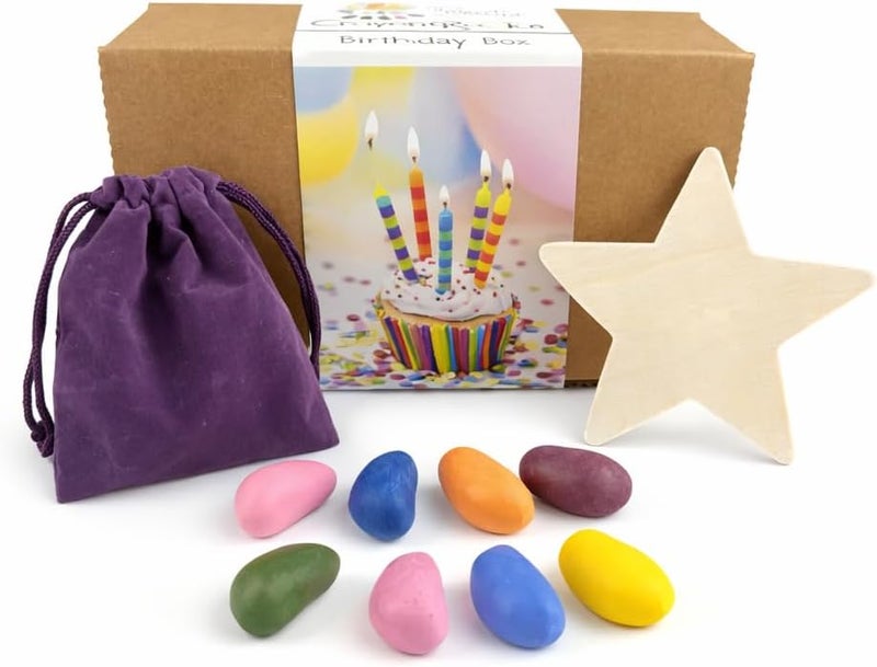 Crayon Rocks Birthday in A Box Gift Set, 8 Rock-Shaped Soy Wax Crayons, Tripod Grip for Handwriting Development, Purple Velvet Bag & Wooden Cutout, Fun Educational Gift for Kids & Toddlers - Image 1