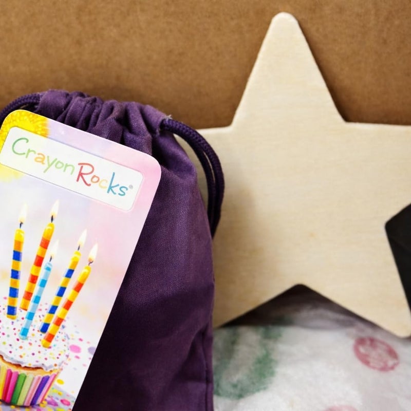 Crayon Rocks Birthday in A Box Gift Set, 8 Rock-Shaped Soy Wax Crayons, Tripod Grip for Handwriting Development, Purple Velvet Bag & Wooden Cutout, Fun Educational Gift for Kids & Toddlers - Image 2