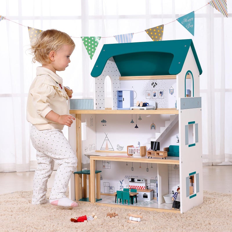 OOOK Wooden Dollhouse with Liftable Elevator - 2.6 Feet High Modern Doll House for Kids Toddlers - Including 21 Furniture Pieces, 4 Family Dolls, and 1 pet - Image 3