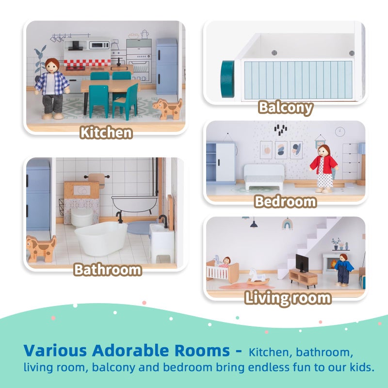 OOOK Wooden Dollhouse with Liftable Elevator - 2.6 Feet High Modern Doll House for Kids Toddlers - Including 21 Furniture Pieces, 4 Family Dolls, and 1 pet - Image 5