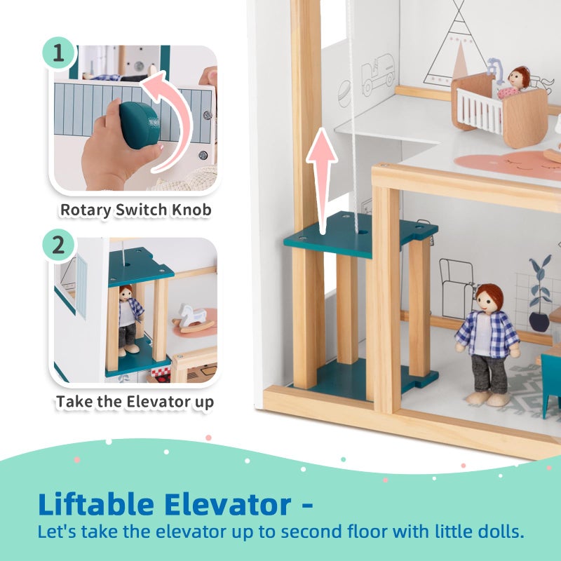 OOOK Wooden Dollhouse with Liftable Elevator - 2.6 Feet High Modern Doll House for Kids Toddlers - Including 21 Furniture Pieces, 4 Family Dolls, and 1 pet - Image 4