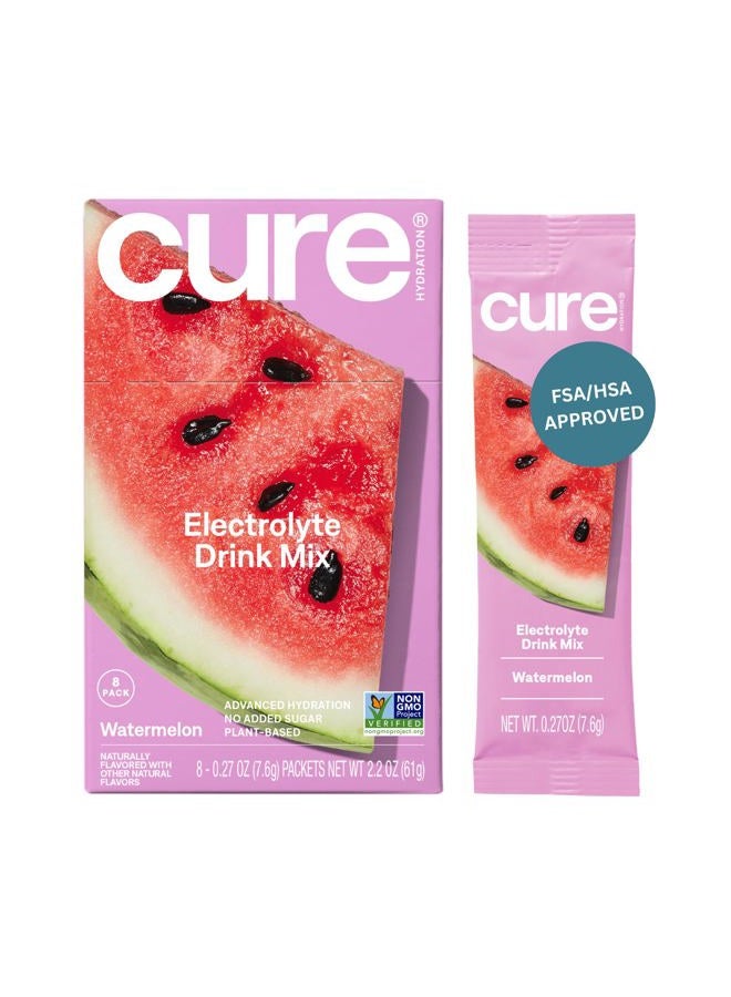 Cure Hydration Plant-Based Electrolyte Drink Mix | No Added Sugar | FSA-HSA | Dehydration Relief Powder Made with Coconut Water | Non-GMO | Vegan | Box of 8 Packets - Watermelon - Image 1