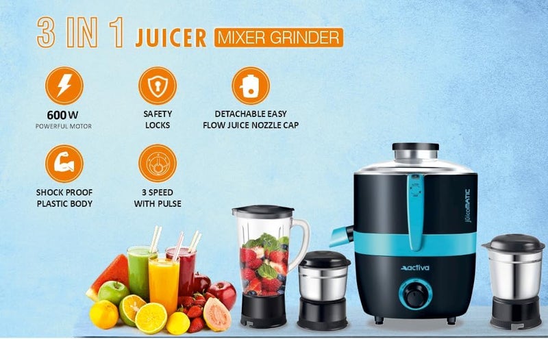ACTIVA Juicomatic Powerful 600 Watts Juicer Mixer Grinder, 3 Jars Blending, Grinding & Chutney, Leak Proof & Air Tight, Stainless Steel Blade, Shock Proof Body, Safety Locks, 2 Years Warranty - Black - Image 5