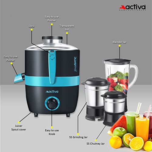 ACTIVA Juicomatic Powerful 600 Watts Juicer Mixer Grinder, 3 Jars Blending, Grinding & Chutney, Leak Proof & Air Tight, Stainless Steel Blade, Shock Proof Body, Safety Locks, 2 Years Warranty - Black - Image 2
