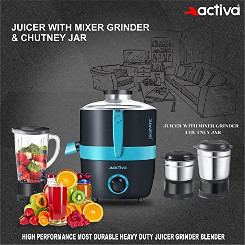 ACTIVA Juicomatic Powerful 600 Watts Juicer Mixer Grinder, 3 Jars Blending, Grinding & Chutney, Leak Proof & Air Tight, Stainless Steel Blade, Shock Proof Body, Safety Locks, 2 Years Warranty - Black - Image 4
