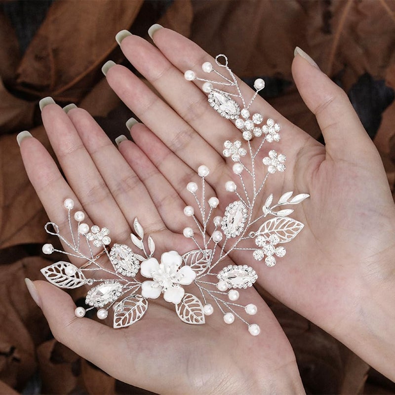 JONKY Flower Bride Hair Vine Silver Bridal Hair Vines Leaf Pearl Hair Piece Wedding Hair Accessories for Women